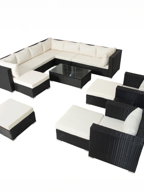 STALLA - Salon de jardin modulable 13/14 places en résine tressée noir et blanc - Kiabi