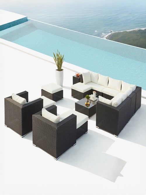 STALLA - Salon de jardin modulable 13/14 places en résine tressée noir et blanc - Kiabi
