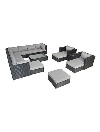 STALLA - Salon de jardin modulable 13/14 places en résine tressée noir et gris