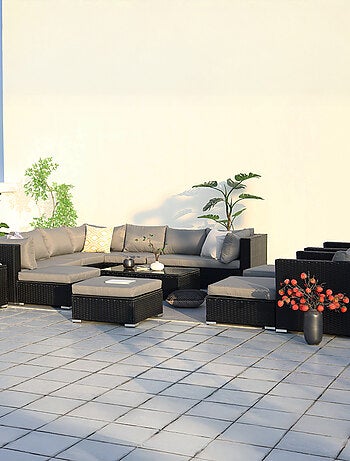 STALLA - Salon de jardin modulable 13/14 places en résine tressée noir et gris