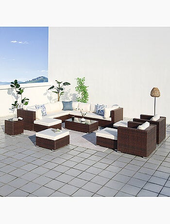 STALLA Salon de jardin modulable 13-14 places en résine tressée marron et blanc