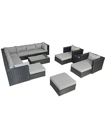 STALLA Salon de jardin modulable 13-14 places en résine tressée marron et blanc