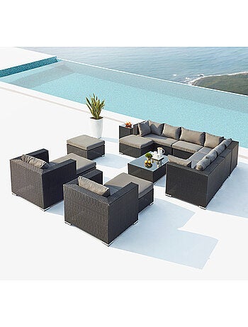 STALLA Salon de jardin modulable 13-14 places en résine tressée marron et blanc