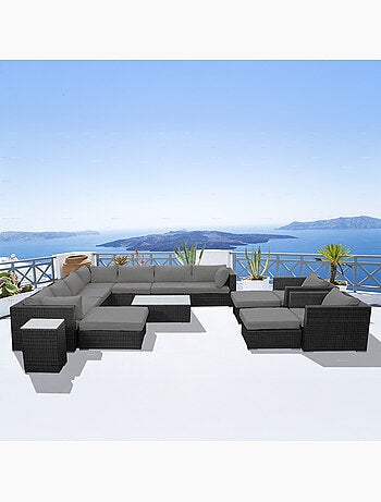 STALLA Salon de jardin modulable 13-14 places en résine tressée marron et blanc