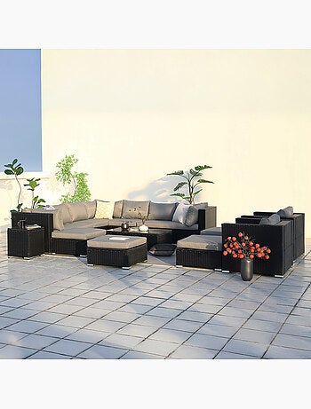 STALLA Salon de jardin modulable 13-14 places en résine tressée marron et blanc