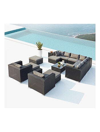 STALLA Salon de jardin modulable 13-14 places en résine tressée noir et gris