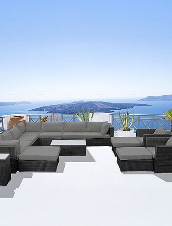 STALLA Salon de jardin modulable 13-14 places en résine tressée noir et gris