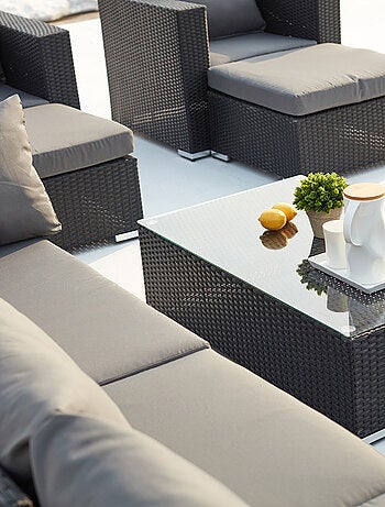 STALLA Salon de jardin modulable 13-14 places en résine tressée noir et gris