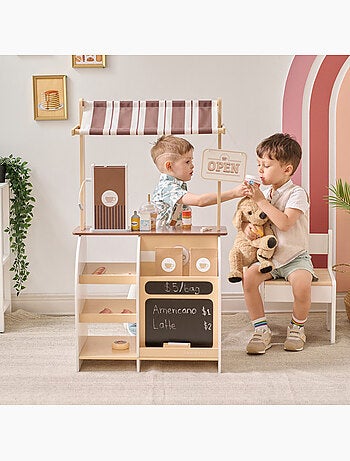 Stand café jouet bois, machine expresso, 29 accessoires, 60cm, Marron,