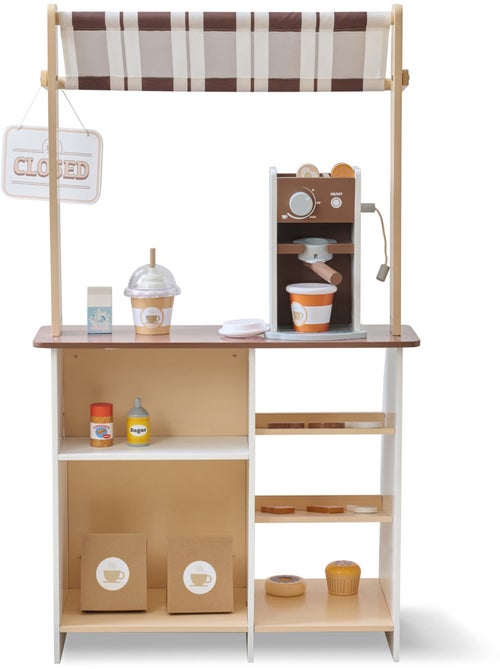 Stand café jouet bois, machine expresso, 29 accessoires, 60cm, Marron, - Kiabi