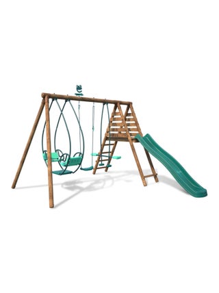Station  en bois avec balancelle, balançoire, balançoire face à face, toboggan