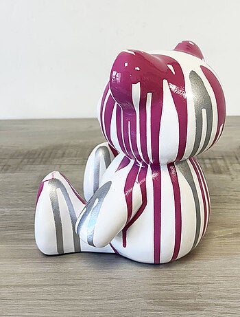 Statue en céramique Ourson blanc coulures rose et argent 23 cm