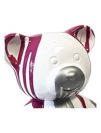 Statue en céramique Ourson blanc coulures rose et argent 23 cm