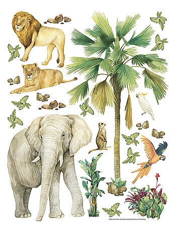 Sticker - Animaux de la jungle : éléphant, lion, perroquet - 1 planche 65 x 85 cm