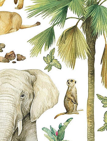 Sticker - Animaux de la jungle : éléphant, lion, perroquet - 1 planche 65 x 85 cm