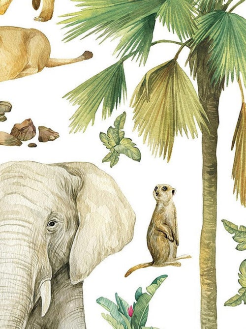 Sticker - Animaux de la jungle : éléphant, lion, perroquet - 1 planche 65 x 85 cm - Kiabi