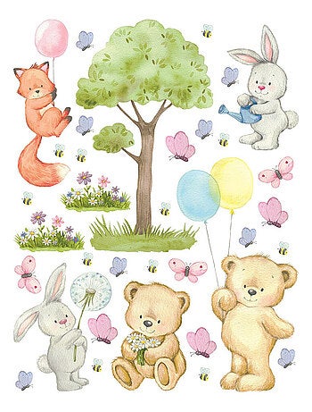 Sticker - Ourson, renard, lapin - 1 planche 65 x 85 cm