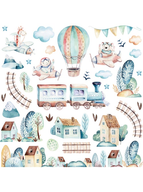 Sticker - train aquarelle - 30x30 cm - Kiabi