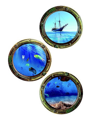 Sticker 3 hublots avec vue sur bateau et sous marine - 1 planche 42,5 x 65 cm