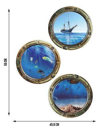 Sticker 3 hublots avec vue sur bateau et sous marine - 1 planche 42,5 x 65 cm