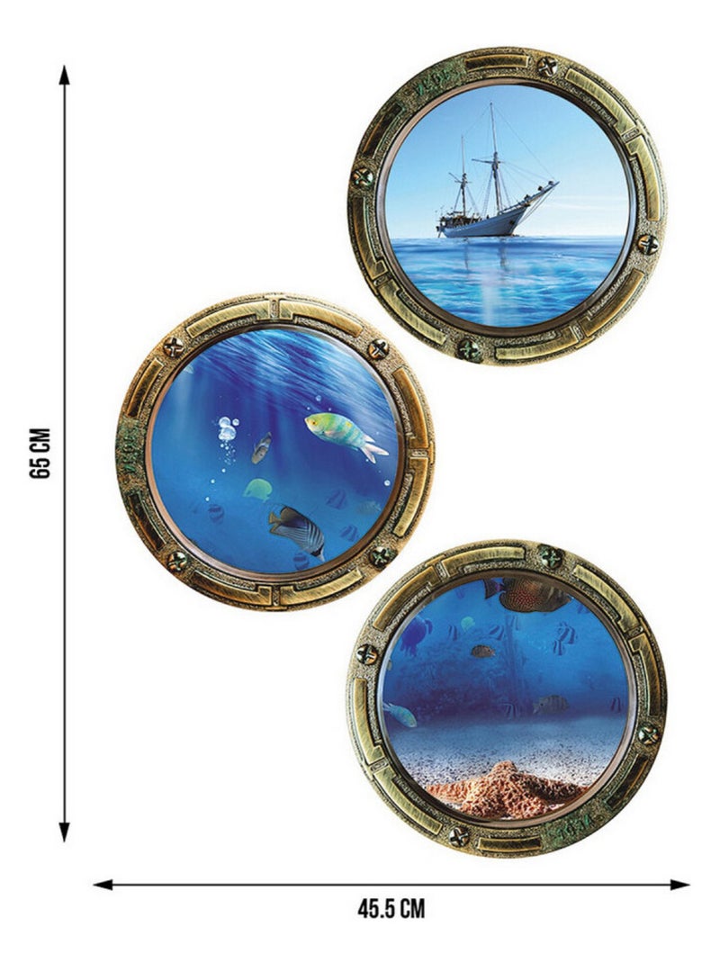 Sticker 3 hublots avec vue sur bateau et sous marine - 1 planche 42,5 x 65 cm Multicolore - Kiabi