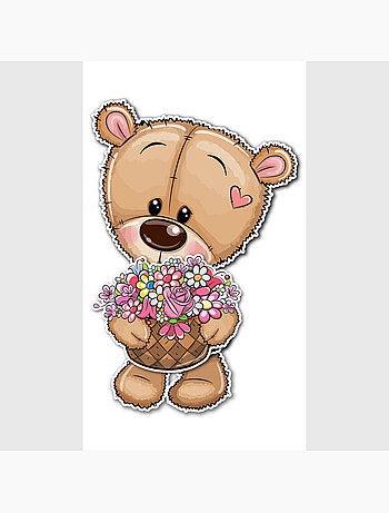 Sticker 3d - ours mignon avec panier de fleurs - 14x20 cm