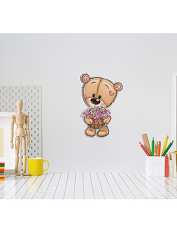 Sticker 3d - ours mignon avec panier de fleurs - 14x20 cm
