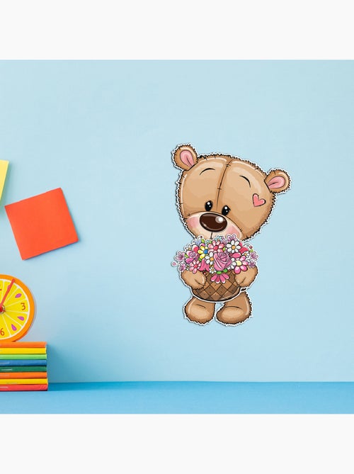 Sticker 3d - ours mignon avec panier de fleurs - 14x20 cm - Kiabi