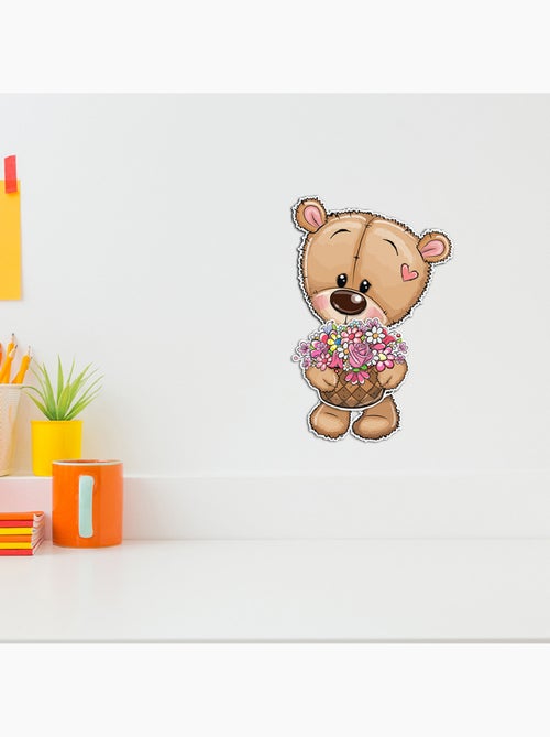 Sticker 3d - ours mignon avec panier de fleurs - 14x20 cm - Kiabi