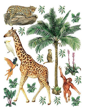 Sticker Animaux de la jungle : girafe, singe, léopard - 1 planche 65 x 85 cm