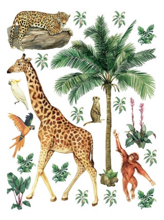 Sticker Animaux de la jungle : girafe, singe, léopard - 1 planche 65 x 85 cm