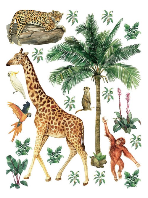 Sticker Animaux de la jungle : girafe, singe, léopard - 1 planche 65 x 85 cm - Kiabi