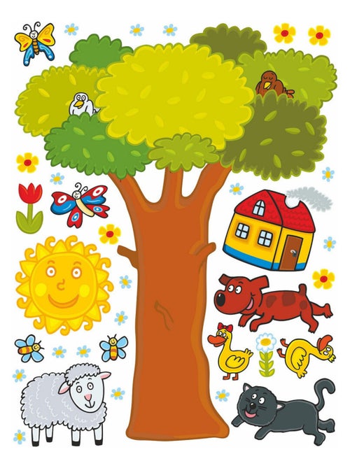 Sticker Arbre géant, chien, mouton et maison toit rouge - 1 planche 65 x 85 cm - Kiabi