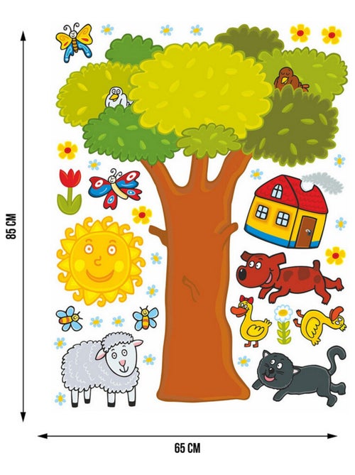 Sticker Arbre géant, chien, mouton et maison toit rouge - 1 planche 65 x 85 cm - Kiabi