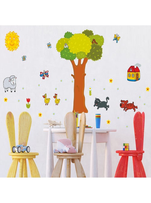 Sticker Arbre géant, chien, mouton et maison toit rouge - 1 planche 65 x 85 cm - Kiabi