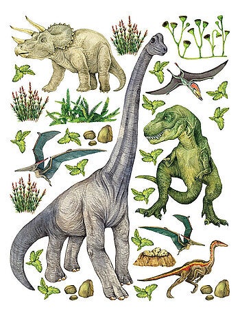 Sticker Dinosaures - 6 espèces de dinosaures - 1 planche 65 x 85 cm