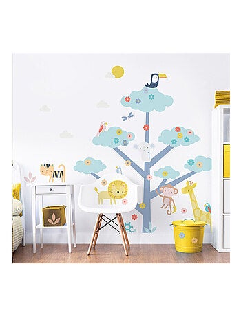Sticker geant Arbre et Animaux de la jungle avec girafe, éléphant, lion, singe, et oiseaux 152cm