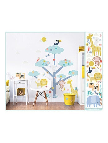 Sticker geant Arbre et Animaux de la jungle avec girafe, éléphant, lion, singe, et oiseaux 152cm