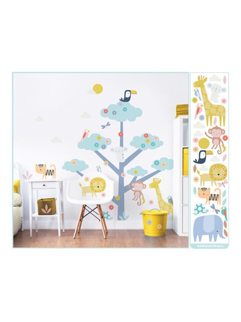 Sticker geant Arbre et Animaux de la jungle avec girafe, éléphant, lion, singe, et oiseaux 152cm Multicolore - Kiabi