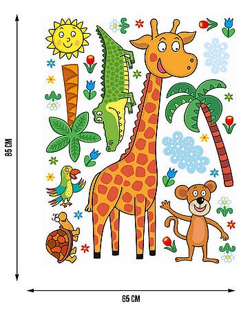 Sticker Giraphe, singe, crocodile et tortue et palmier - 1 planche 65 x 85 cm