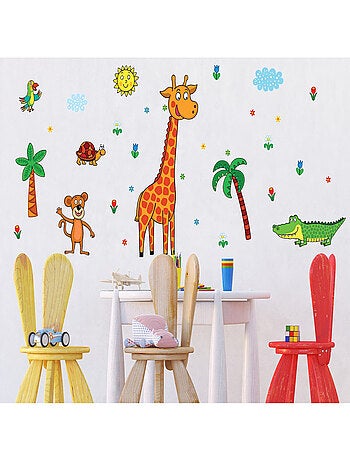 Sticker Giraphe, singe, crocodile et tortue et palmier - 1 planche 65 x 85 cm