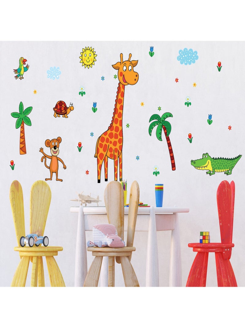 Sticker Giraphe, singe, crocodile et tortue et palmier - 1 planche 65 x 85 cm Multicolore - Kiabi