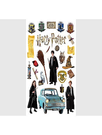 Sticker Harry Potter - tous les personnages avec une voiture bleue - 1 planche 42,5 x 65 cm