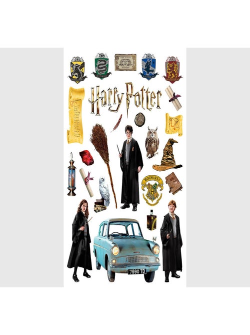 Sticker Harry Potter - tous les personnages avec une voiture bleue - 1 planche 42,5 x 65 cm - Kiabi