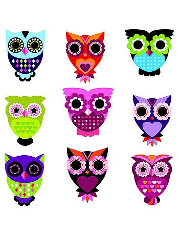 Sticker Hiboux multicolores - 1 planche 30 x 30 cm