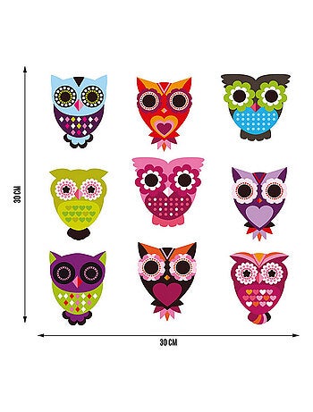Sticker Hiboux multicolores - 1 planche 30 x 30 cm