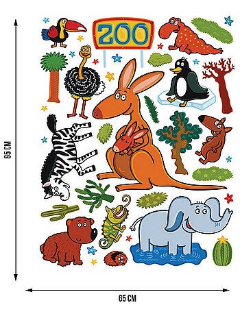 Sticker Kangourou, zèbre, éléphant et autre animaux - 1 planche 65 x 85 cm