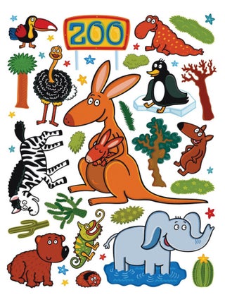 Sticker Kangourou, zèbre, éléphant et autre animaux - 1 planche 65 x 85 cm
