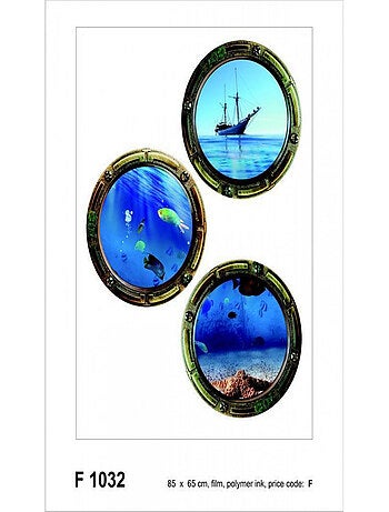 Sticker mural - 3 hublots vue sous-marine et bateau - 65 x 85 cm