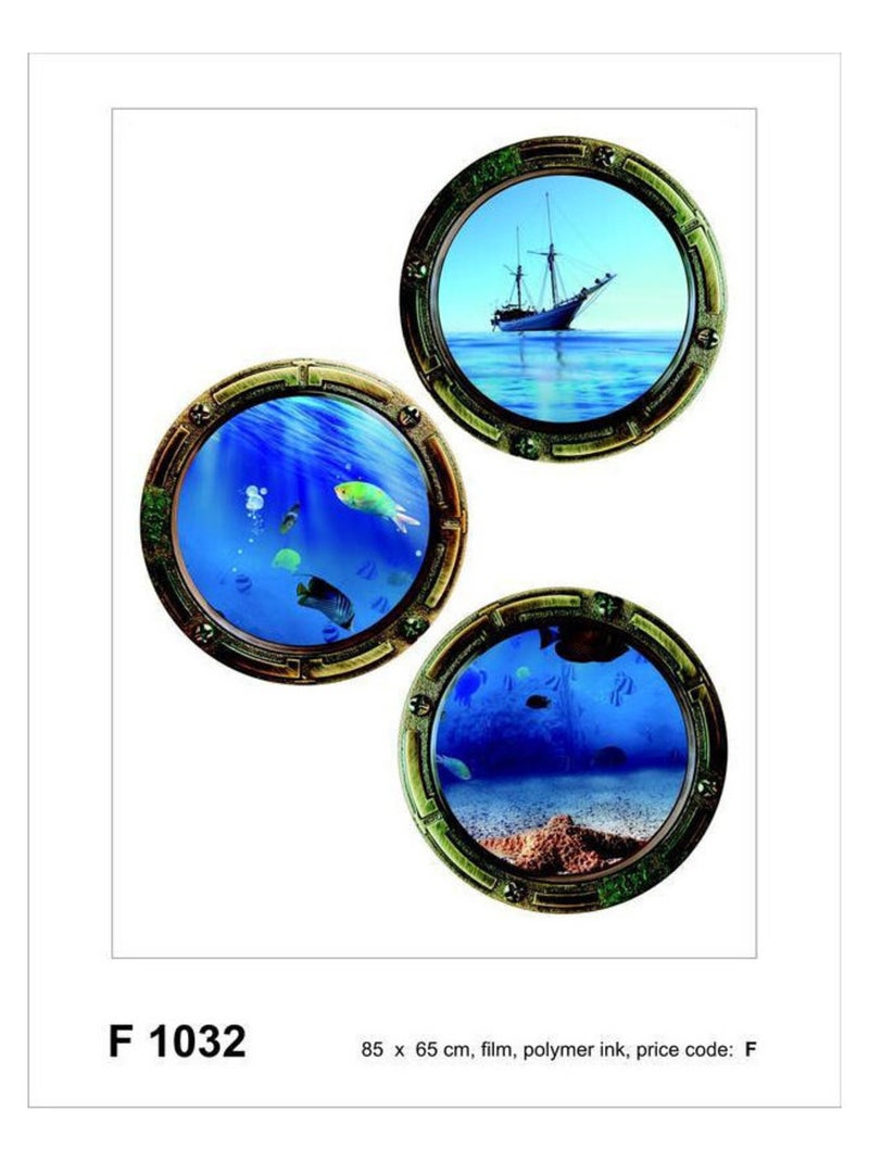Sticker mural - 3 hublots vue sous-marine et bateau - 65 x 85 cm Multicolore - Kiabi